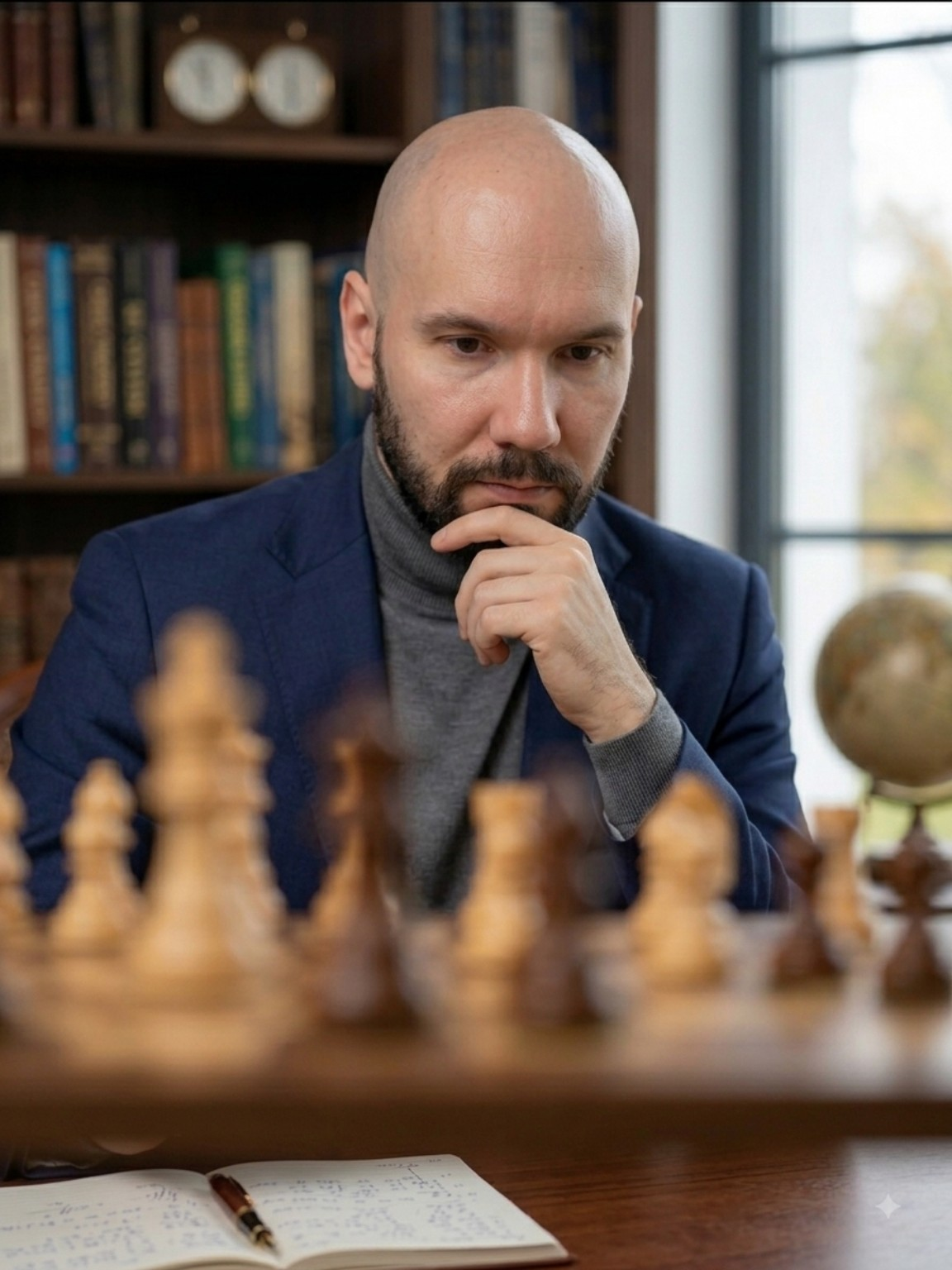 GM Marcel Kanarek analizujący pozycję przy szachownicy podczas treningu szachowego