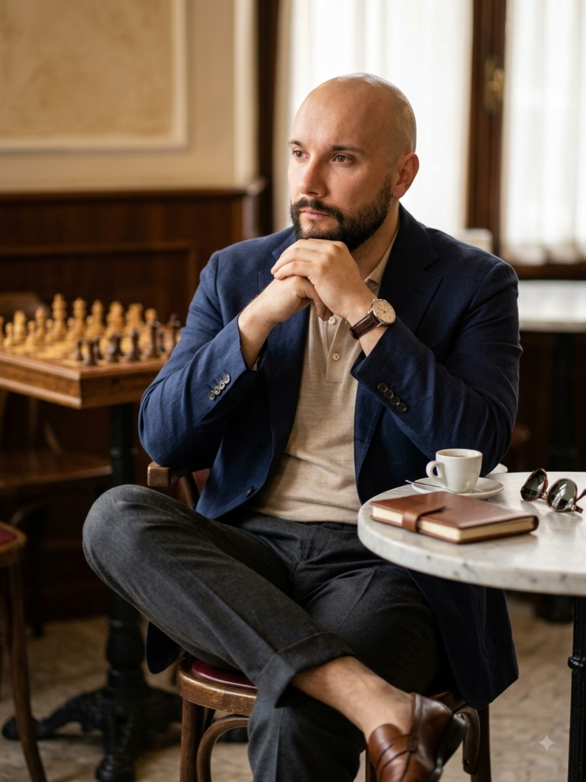 Marcel Kanarek w kawiarni podczas rozmowy o treningu szachowym